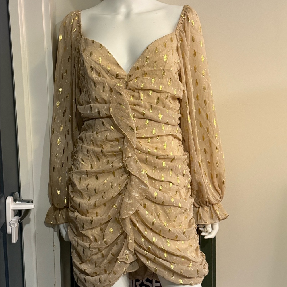 Fashion Nova Gold and Cream Ruched Long Sleeve Dress